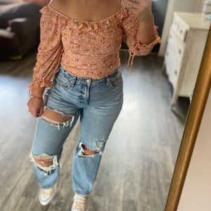 Pink floral cropped blouse